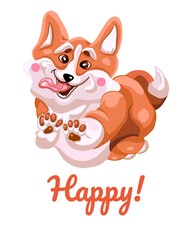 Welsh Corgi. Cute dog.  Cartoon style. Funny print for T-shirts, notebooks, covers, bags, mugs, postcards, textiles.   Isolated on a white background. 