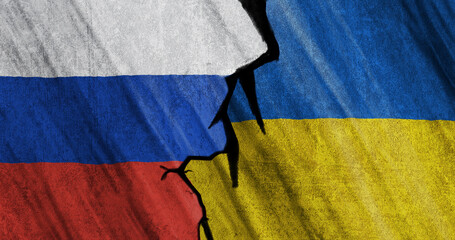 Ukrainian and Russian flags, Ukraine crisis and Conflict.Choose to focus on the flags, International situation theme severely affecting stock markets and crypto currency and gold