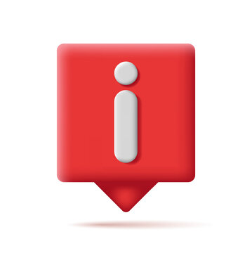 Information tooltip icon, red 3d soft render shape with pointer and i icon