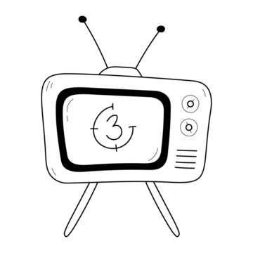 Old tv with antenna doodle icon. Old television isolated line drawing element. Vector illustration