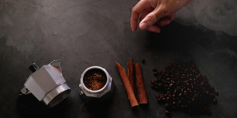 Fototapeta na wymiar Top View Brewing coffee with Moka pot.