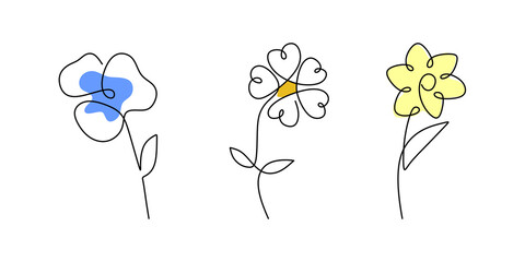 One continuous single line of three spring flowers set with blue yellow color isolated on white background.
