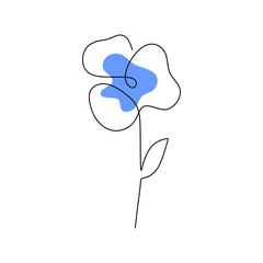 One continuous single line of pansy spring flower with blue color isolated on white background.