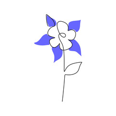 One continuous single line of Columbine spring flower with blue color isolated on white background.