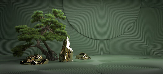 bonsai tree and gold stone on a green background. 3d rendering