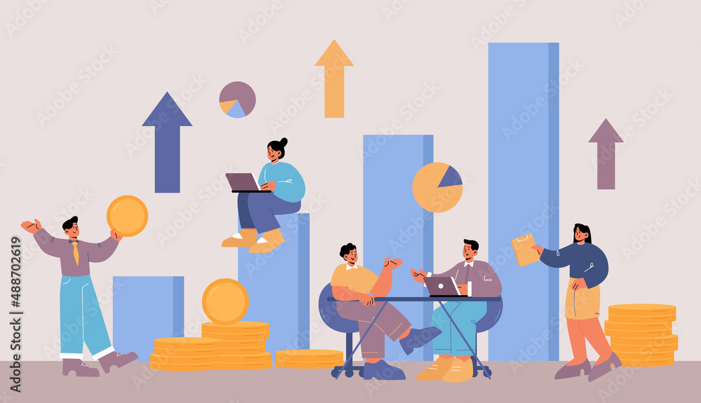 Poster data analysis concept with tiny business analysts research information at huge growing column chart 