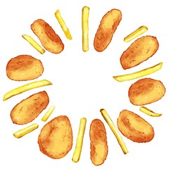 手描き水彩のチキンナゲットとフライドポテトイラスト正方形フレーム・円