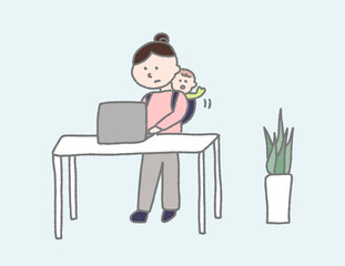 テレワーク,地域移住,ストレス,女性,デスクワーク,悩み,仕事,ワーキングマザー,子育て,赤ちゃん,ママ,働くママ,在宅勤務,オフィスワーク,作業,腕組み,リモートワーク,会議,オンライン,ミーティング,ウェブデザイナー,初心者,イラスト,ベクター,家,自宅,椅子,ビジネス,ノートパソコン