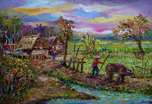      Art painting Oil color Hut northeast rural thailand , buffalo , agriculturist , rural life     