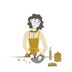 Happy woman in apron mixing ingredients preparing dough in bowl vector flat illustration. Food at home. Minimalistic style. Cooking woman.
