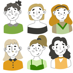 Group of diverse young women. People with various nationality and hairstyle. Collection of vector portraits. Society or population, social diversity. Cartoon characters. Vector illustration.