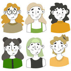 Group of diverse young women. People with various nationality and hairstyle. Collection of vector portraits. Society or population, social diversity. Cartoon characters. Vector illustration.