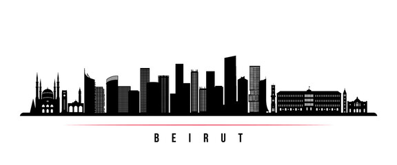 Naklejka premium Beirut skyline horizontal banner. Black and white silhouette of Beirut, Lebanon. Vector template for your design.
