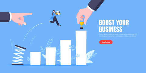 Business mentor helps to improve career with springboard vector illustration. Business person jumps above career ladder graph. Success growth, motivation opportunity, boost career concept.