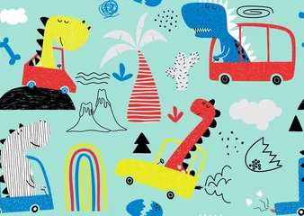 Tapeten  hand-drawn seamless childish pattern with cute funny dinosaur rides in a racing car © andin