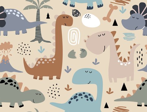 Childish seamless pattern with cute funny hand drawn dinosaur dino in scandinavian style. 