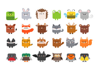 Square forest animal faces with paws set isolated on white background. Cute cartoon square shape kawaii kids avatar character collection. Vector flat clip art illustration mobile ui game application.