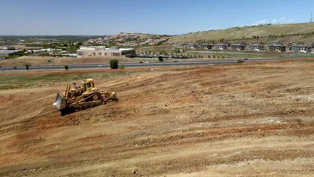 Aerial view Tractor On Construction Site heavy machinery