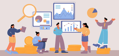 People work with analytic data on dashboard with graphs and charts. Vector flat illustration of business analysis with employees, gold coins and infographic of statistics and financial report