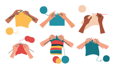 Knitting, crochet. Hands hold a knitted fabric on the needles. Hobby, handmade, handicraft. Collection of isolated vector illustrations