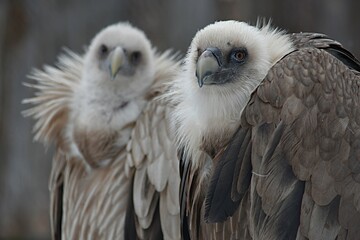 The griffon vulture fluffing its feathers sits in the zoo in the winter in an open enclosure