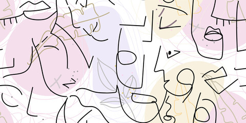 Fototapeta premium One line drawing. Abstract face seamless pattern.