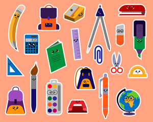 School stickers with a white outline. Printable scrapbooking sticker set. Collection of school stationery items