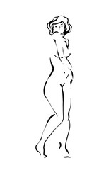 Beautiful sensual nude female beauty. Black and white print sketch art