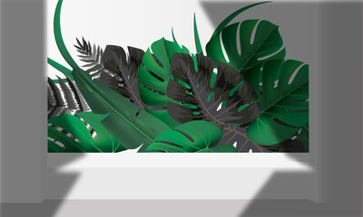 3d gray stage background product display podium scene with leaf platform. grey background vector 3d render with podium. stand to show cosmetic product.