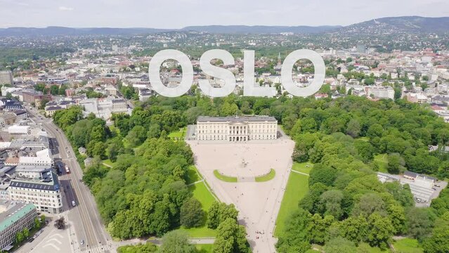 Inscription on video. Oslo, Norway. Royal Palace. Slottsplassen. Palace park. Glitch effect text, Aerial View, Point of interest