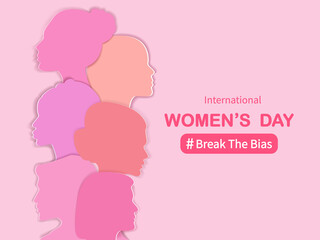 Break The Bias.Women's Day banner or greeting card with womens faces .Mothers Day. Greeting card for 8 March.For brochures, postcards, tickets, banners.Womens History Month.