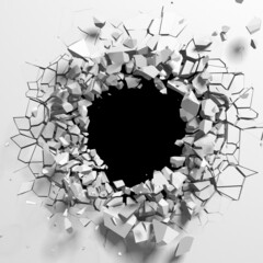 Broken white wall with a hole in the center