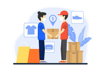 Shopping Online. Delivery concept. Digital marketing. Delivery man pass parcel to customer. New normal shopping. Online store. Transportations concept. Flat vector illustrations. 