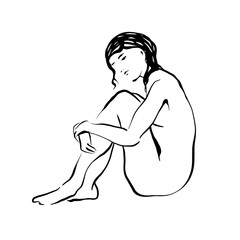 Beautiful sensual nude female beauty. Black and white print sketch art