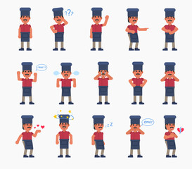Set of chef cook characters showing various emotions. Chef cook crying, angry, sad, tired, thinking, surprised, shocked and other expressions. Modern vector illustration