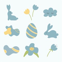 Abstract set of scandinavian style elements isolated on blue background. Easter clipart collection. Cute baby wallpaper. Egg, cloud, rabbits, flowers, geometric shapes. Vector, boho flat style.