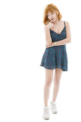 Isolated cutout studio full body shot of Asian young sexy blonde short hair female fashion model in camisole dress and sneakers standing holding hand touching lips crossed arm on white background