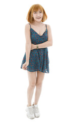 Isolated cutout studio full body shot of Asian young sexy blonde short hair female fashion model in camisole dress and sneakers standing look at camera on white background