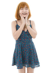 Isolated cutout studio full body shot of Asian young sexy blonde short hair female fashion model in camisole dress and sneakers standing look at camera on white background