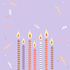 Postcard and birthday invitation with candles and confetti on purple background