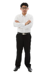 Portrait isolated cutout studio shot of Asian young professional successful male employee businessman in formal business outfit with necktie look at camera on white background.