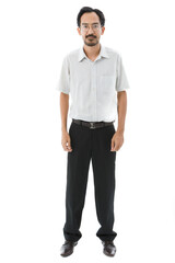 Fototapeta premium Portrait isolated cutout studio shot of Millennial Asian slim bearded and frontal baldness male businessman in formal outfit and eyeglasses standing look at camera on white background