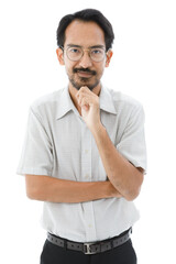 Portrait isolated cutout studio shot of Millennial Asian slim bearded and frontal baldness male businessman in formal outfit and eyeglasses standing look at camera on white background