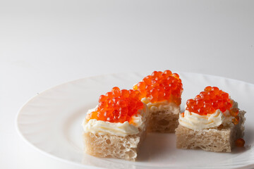 Red chum salmon caviar appetizer, traditional festive Russian food