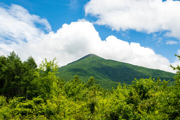 夏の山にかかる白い雲と青空