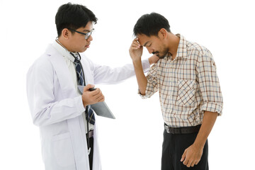 Isolated cutout studio shot of Asian young professional male doctor in lab coat stethoscope and...