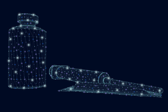 Wireframe of a medical syringe with an ampoule of blue lines with glowing lights isolated on a dark background. 3D. Vector illustration