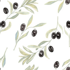 Olives on a branch watercolor pattern. Hand drawn illustration of black fruits with leaves. Seamless foliage background. Botanical backdrop. For fabric and wallpaper. Wrapping paper menu design.