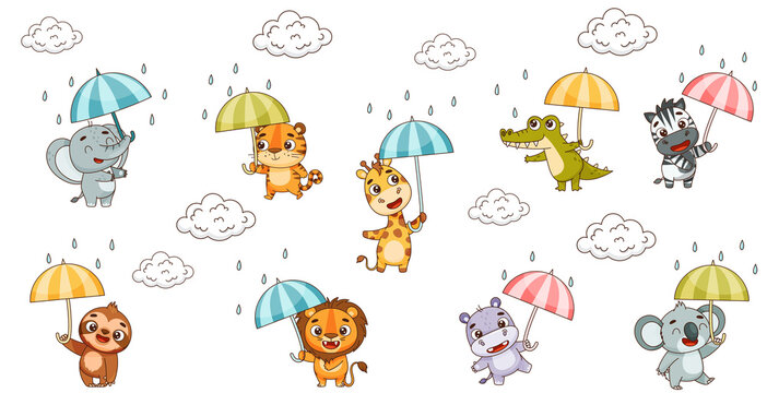 Set kids tropical animals with umbrellas in the rain. Hippo, lion, elephant, giraffe, crocodile, zebra, sloth, tiger, koala. Vector illustration for designs, prints, patterns. Isolated on white