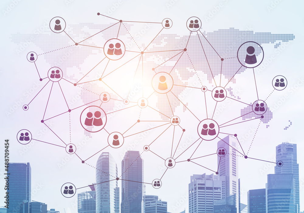 Poster modern city and social net as concept for global networking